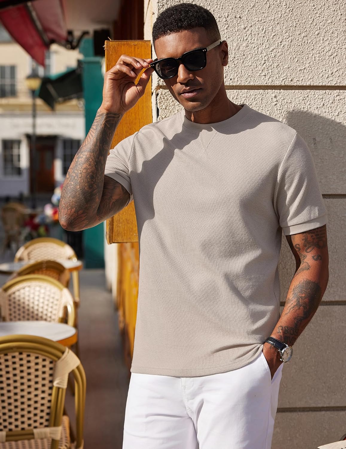 COOFANDY Men's Waffle T-Shirts Short Sleeve Casual Crew Neck Shirt Summer Plain Pullover Tees