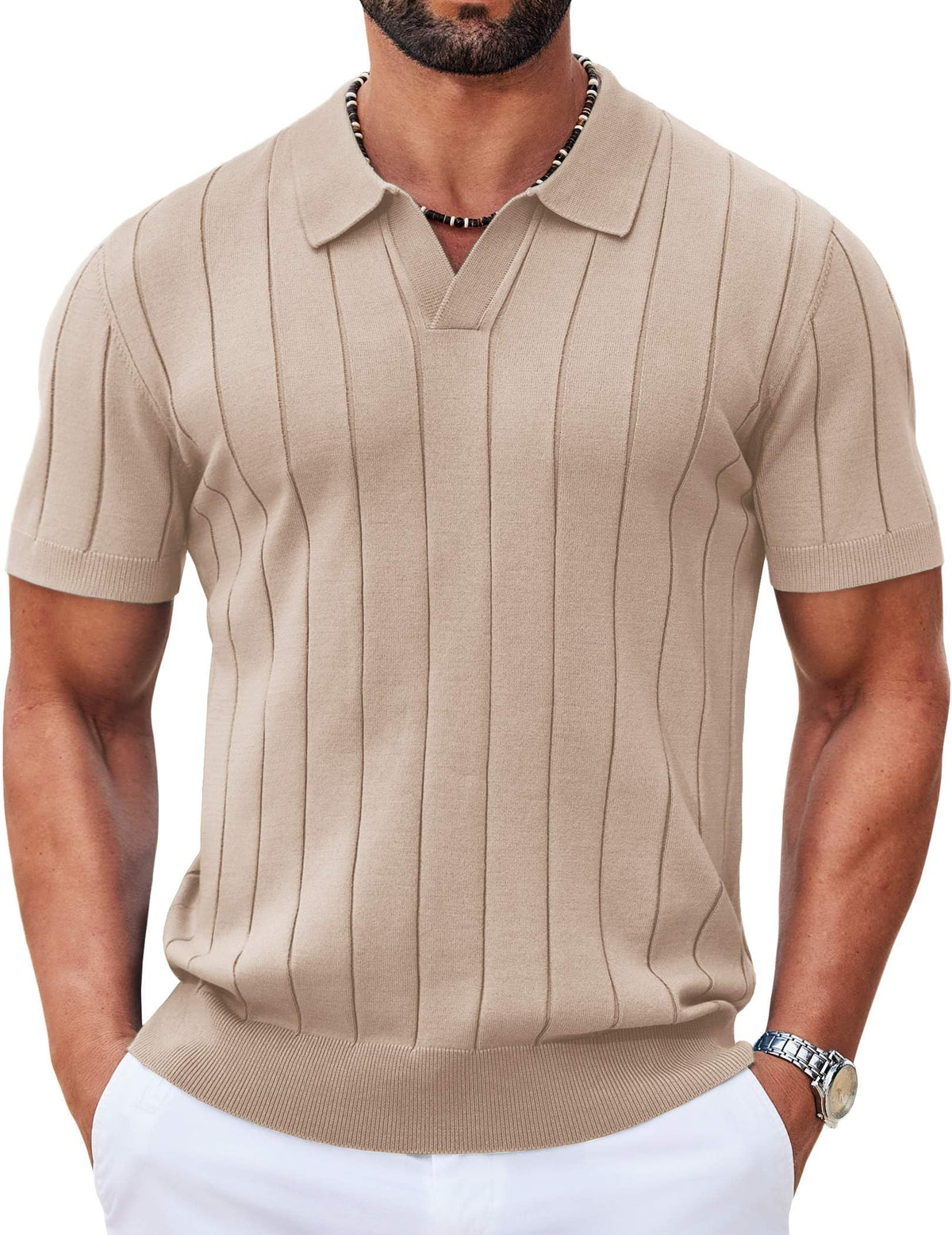 COOFANDY Mens Polo Shirts Short Sleeve V Neck Knit Shirts for Men Casual Old Money Clothes Mens Golf Shirt