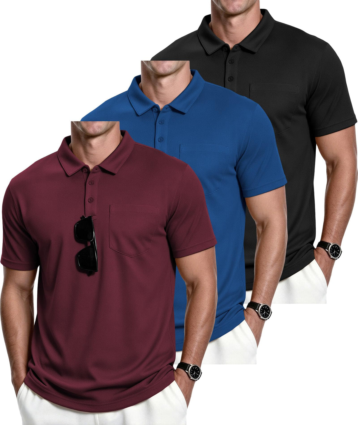 ZITY Men's 3 Pack Polo Shirts Short Sleeve with Pocket Moisture Wicking Casual Work Golf Lightweight Collared T-Shirts