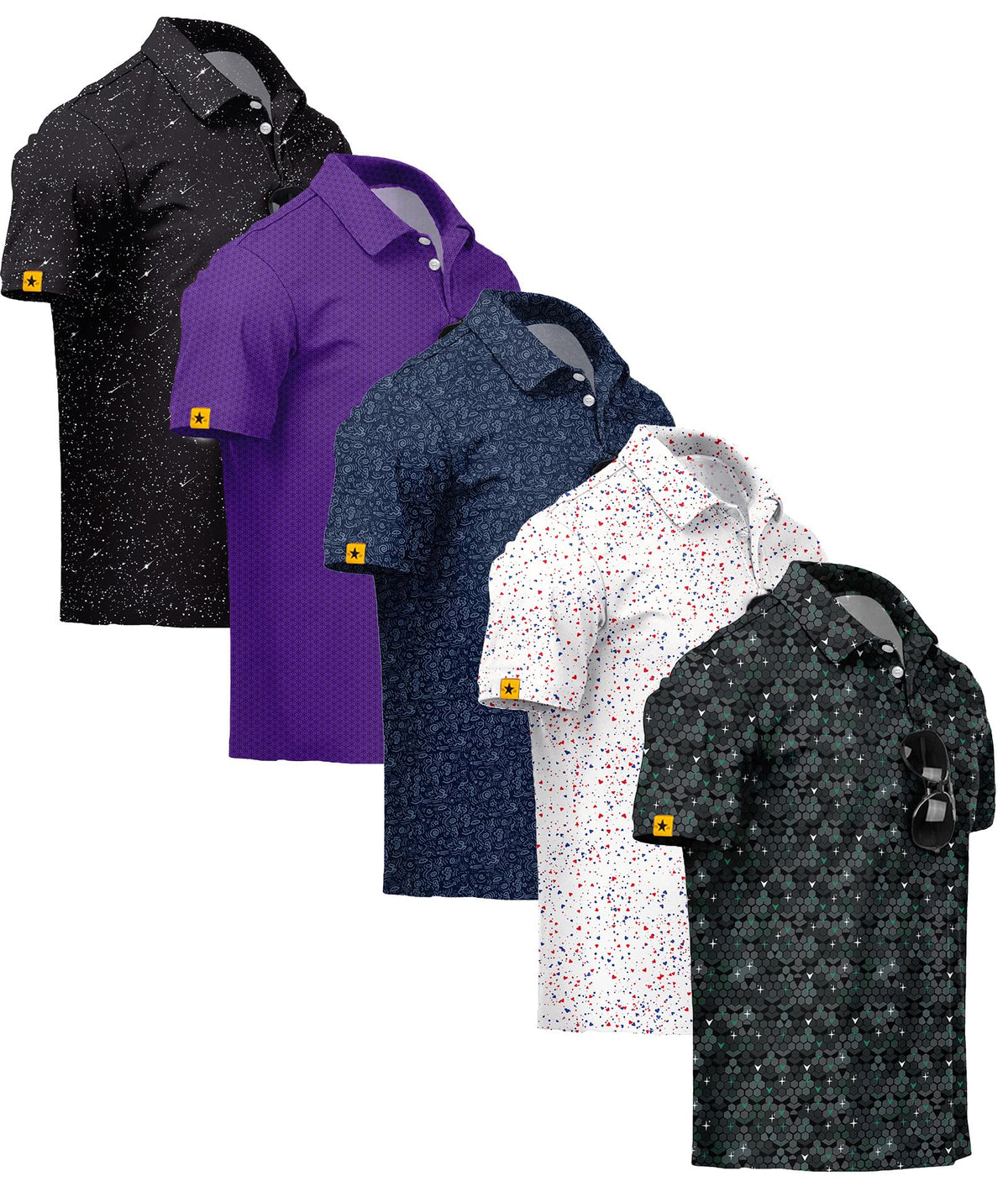ZITY 5 Pack Mens Golf Shirt Short Sleeve UPF 50+ Print Patterns Casual Polo
