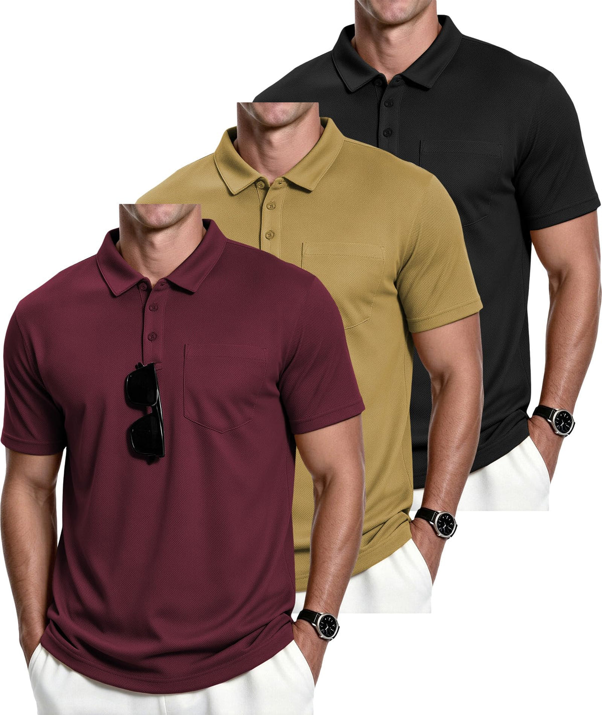 ZITY Men's 3 Pack Polo Shirts Short Sleeve with Pocket Moisture Wicking Casual Work Golf Lightweight Collared T-Shirts
