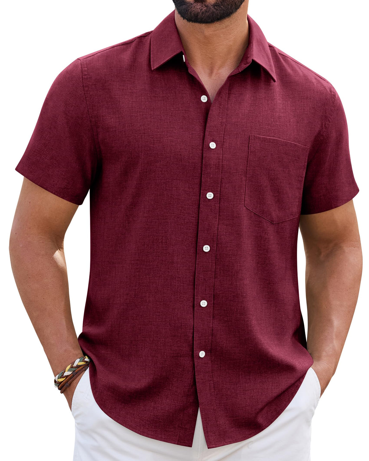 Mens Linen Shirt Short Sleeve Wrinkle Free Casual Untucked Button Down Shirts Beach Breathable Tops Summer