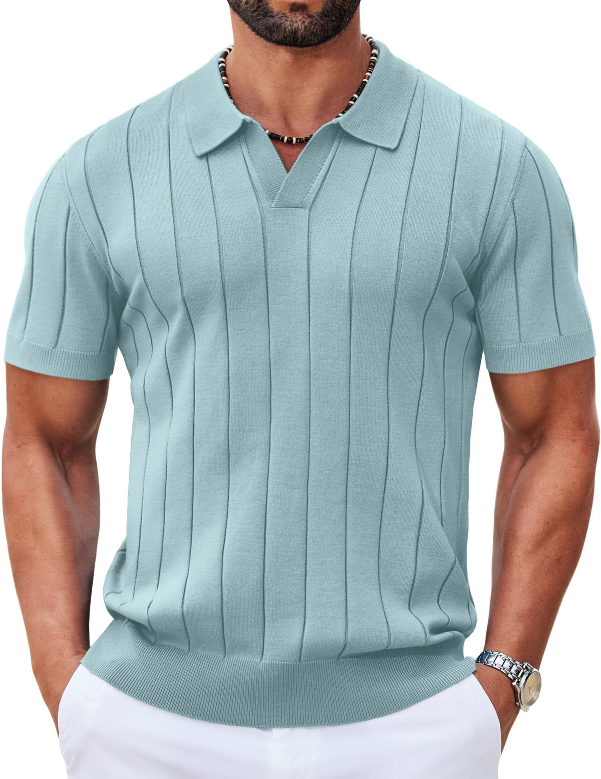 COOFANDY Mens Polo Shirts Short Sleeve V Neck Knit Shirts for Men Casual Old Money Clothes Mens Golf Shirt