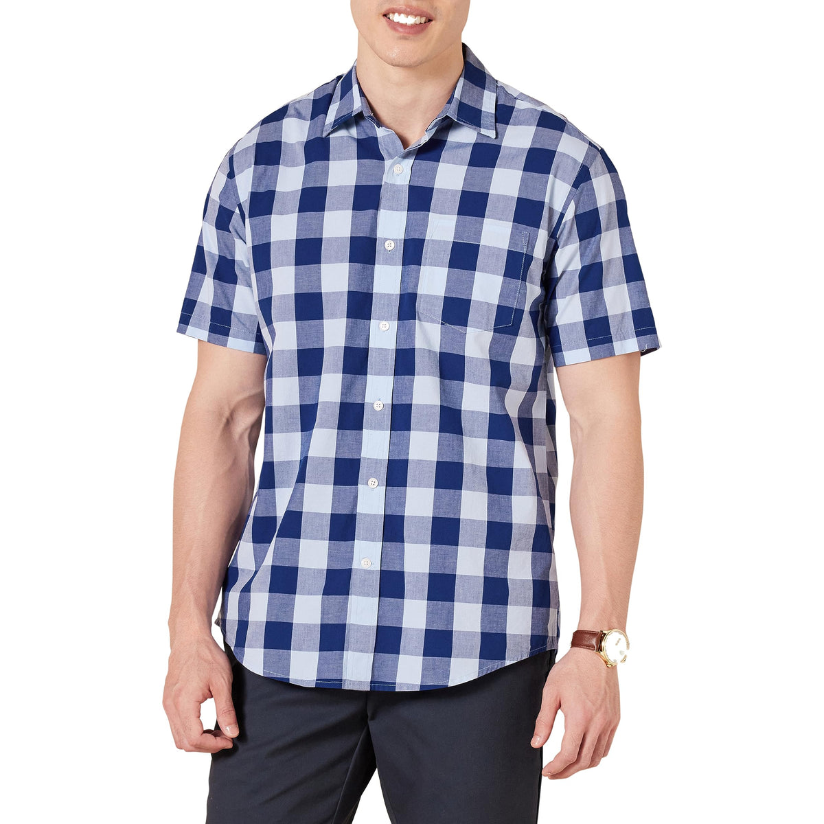 Amazon Essentials Men's Regular-Fit Short-Sleeve Poplin Shirt, Collared, Washed