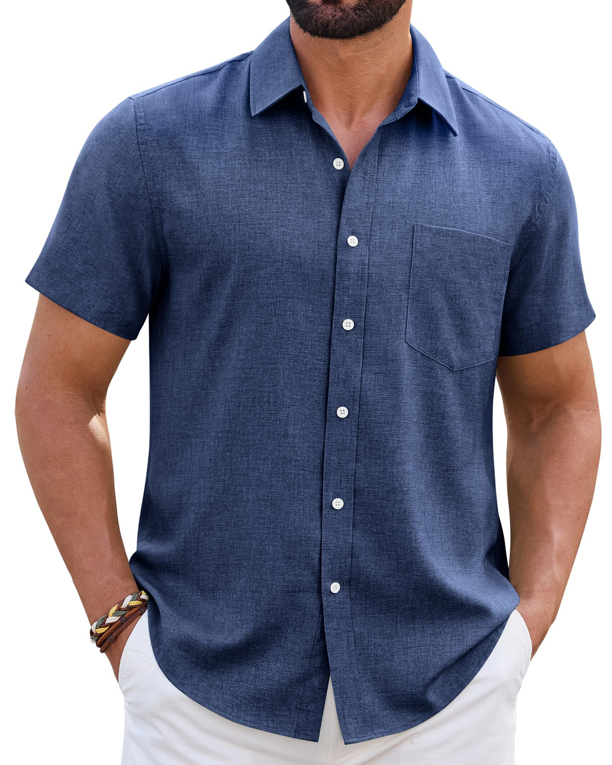 Mens Linen Shirt Short Sleeve Wrinkle Free Casual Untucked Button Down Shirts Beach Breathable Tops Summer