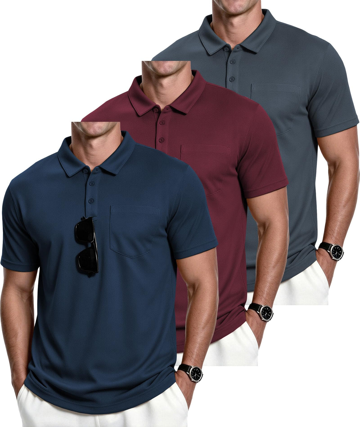 ZITY Men's 3 Pack Polo Shirts Short Sleeve with Pocket Moisture Wicking Casual Work Golf Lightweight Collared T-Shirts