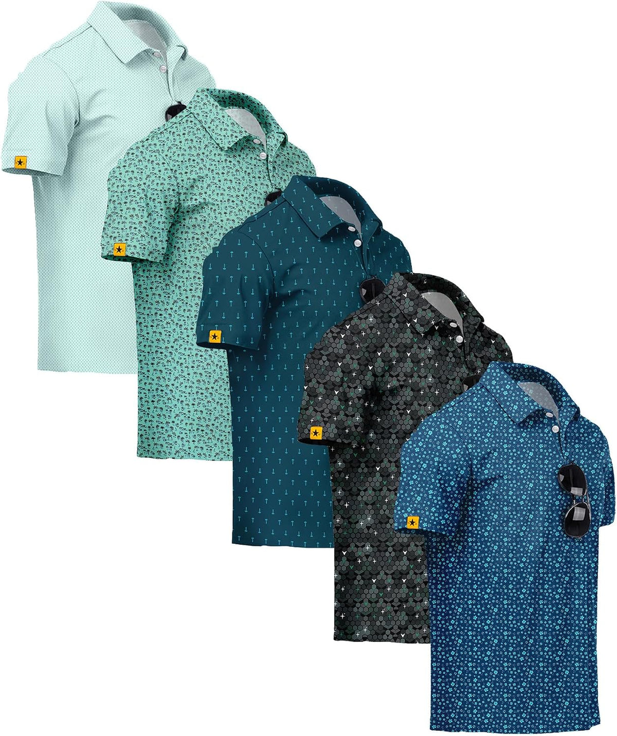 ZITY 5 Pack Mens Golf Shirt Short Sleeve UPF 50+ Print Patterns Casual Polo