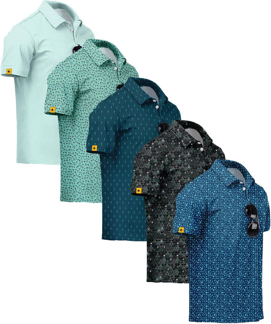 ZITY 5 Pack Mens Golf Shirt Short Sleeve UPF 50+ Print Patterns Casual Polo