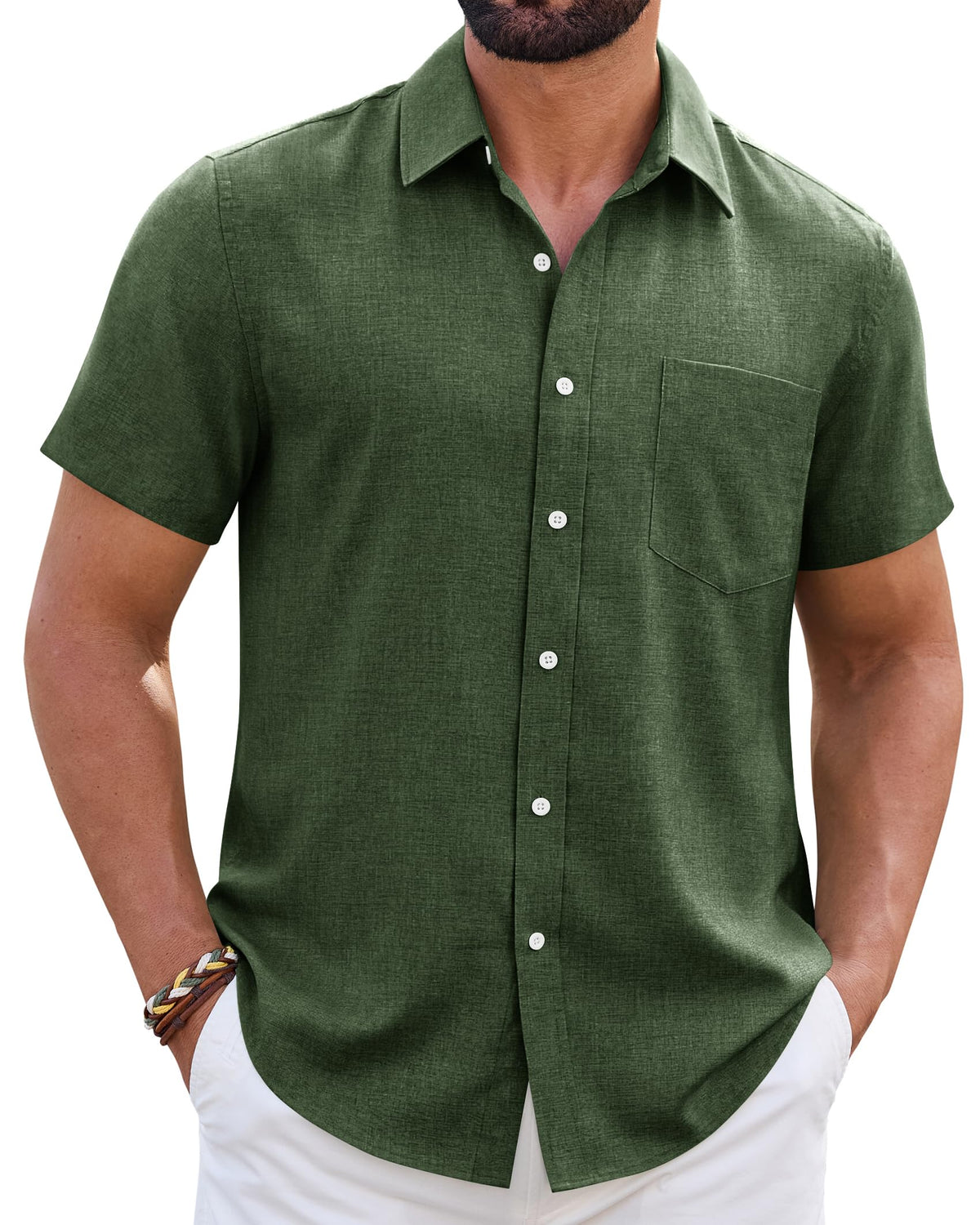Mens Linen Shirt Short Sleeve Wrinkle Free Casual Untucked Button Down Shirts Beach Breathable Tops Summer