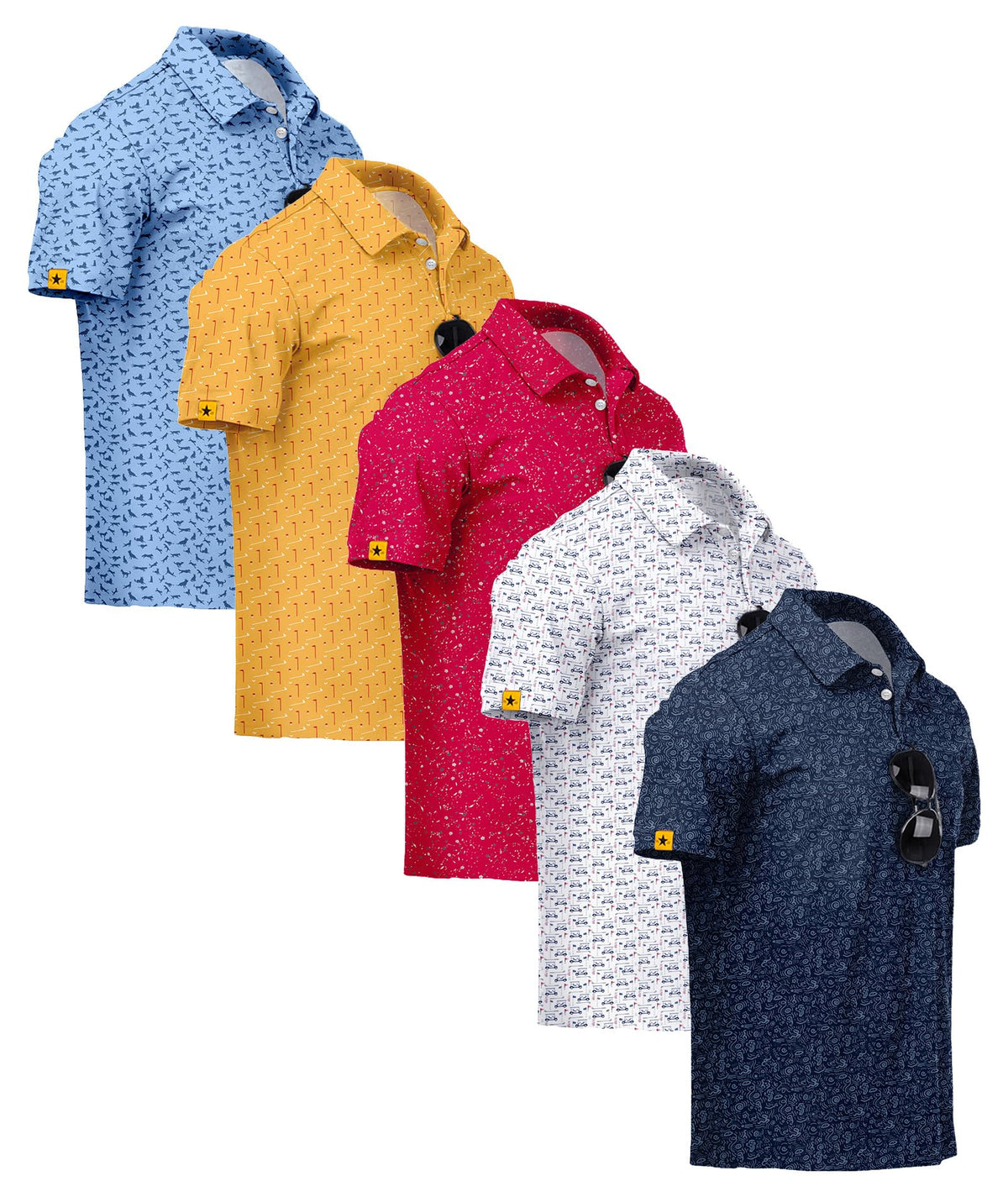 ZITY 5 Pack Mens Golf Shirt Short Sleeve UPF 50+ Print Patterns Casual Polo
