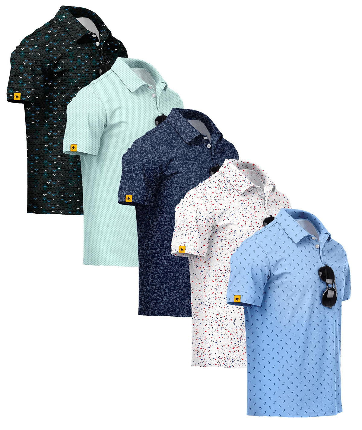 ZITY 5 Pack Mens Golf Shirt Short Sleeve UPF 50+ Print Patterns Casual Polo