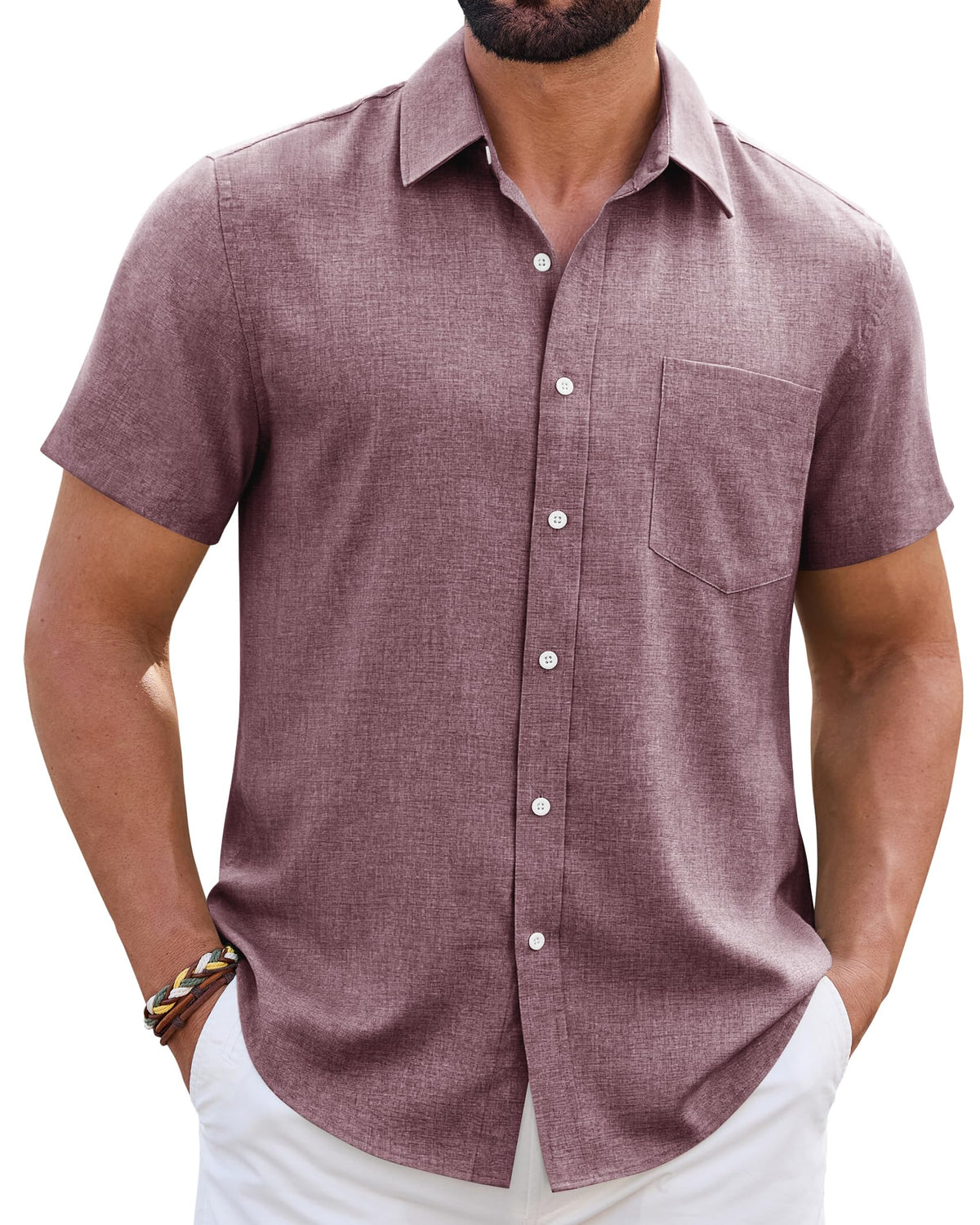 Mens Linen Shirt Short Sleeve Wrinkle Free Casual Untucked Button Down Shirts Beach Breathable Tops Summer