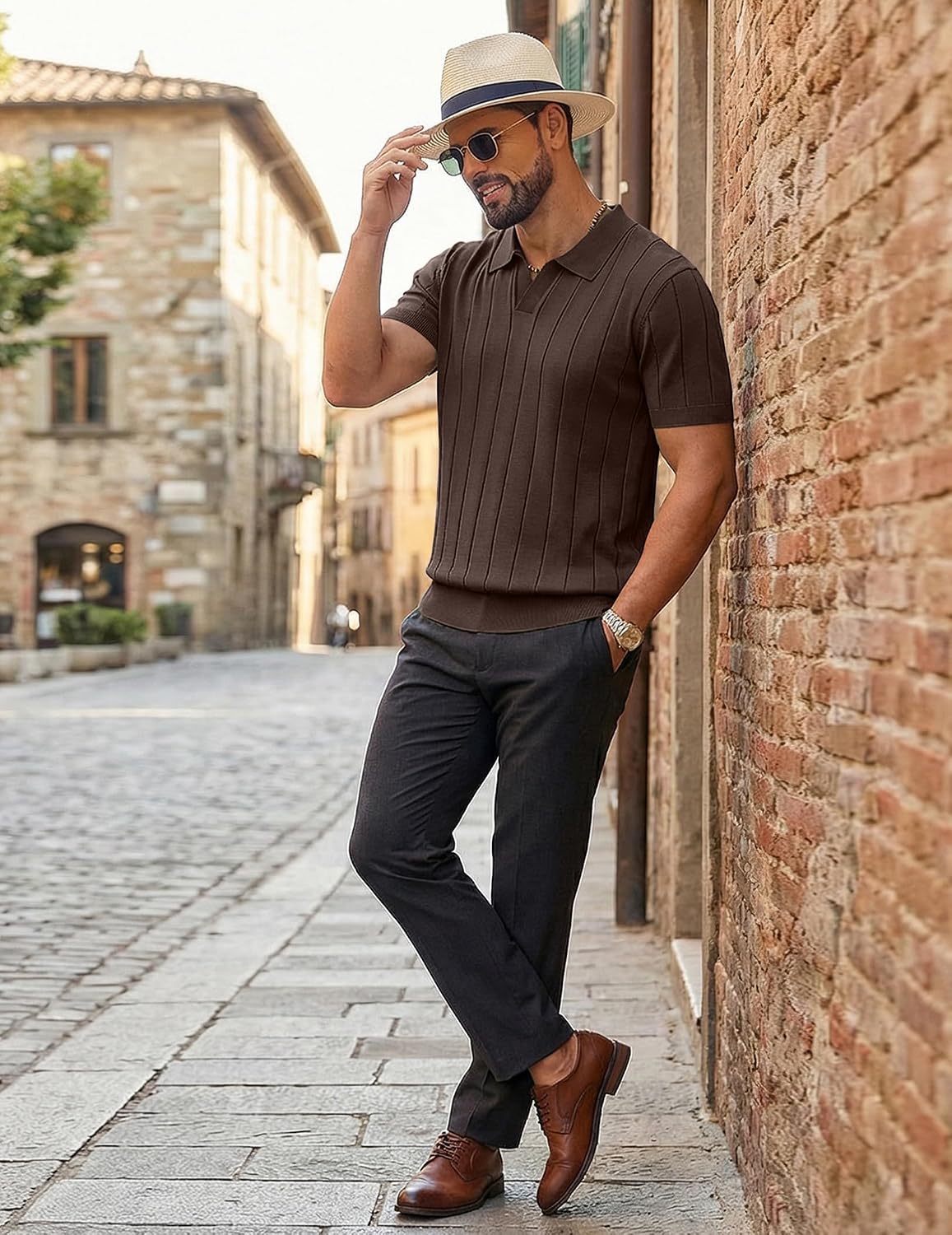 COOFANDY Mens Polo Shirts Short Sleeve V Neck Knit Shirts for Men Casual Old Money Clothes Mens Golf Shirt