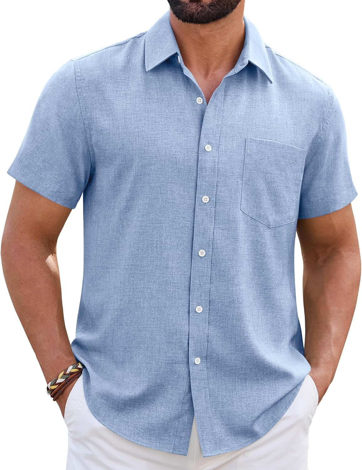 Mens Linen Shirt Short Sleeve Wrinkle Free Casual Untucked Button Down Shirts Beach Breathable Tops Summer