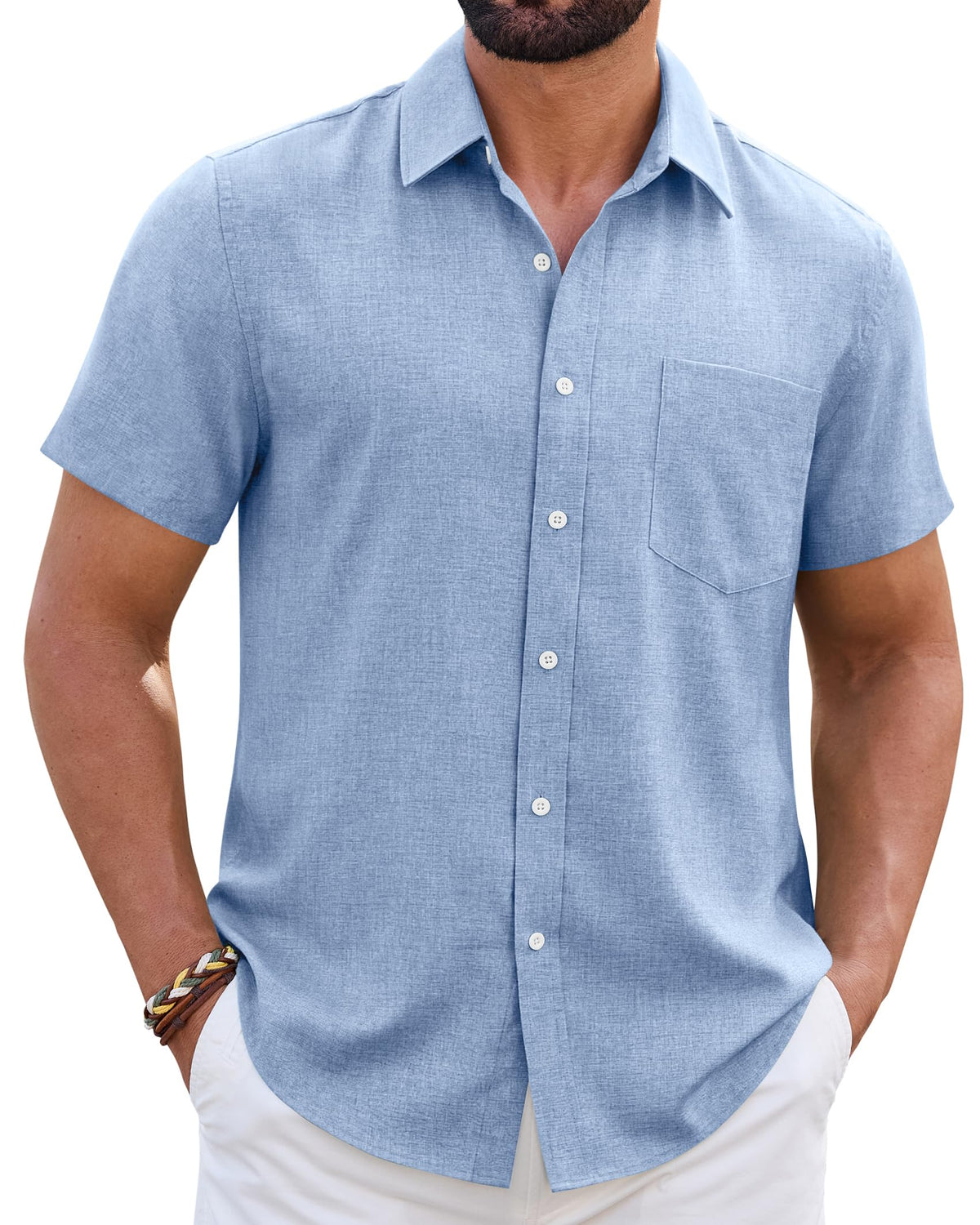 Mens Linen Shirt Short Sleeve Wrinkle Free Casual Untucked Button Down Shirts Beach Breathable Tops Summer