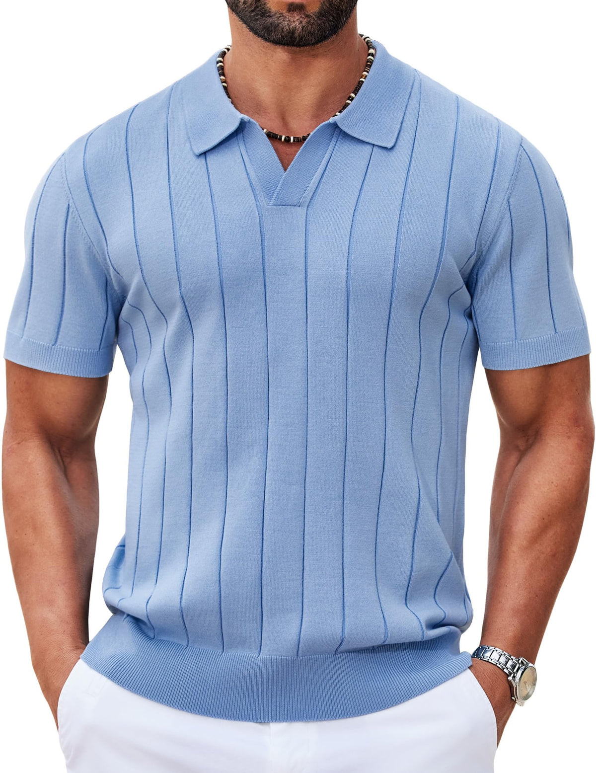 COOFANDY Mens Polo Shirts Short Sleeve V Neck Knit Shirts for Men Casual Old Money Clothes Mens Golf Shirt