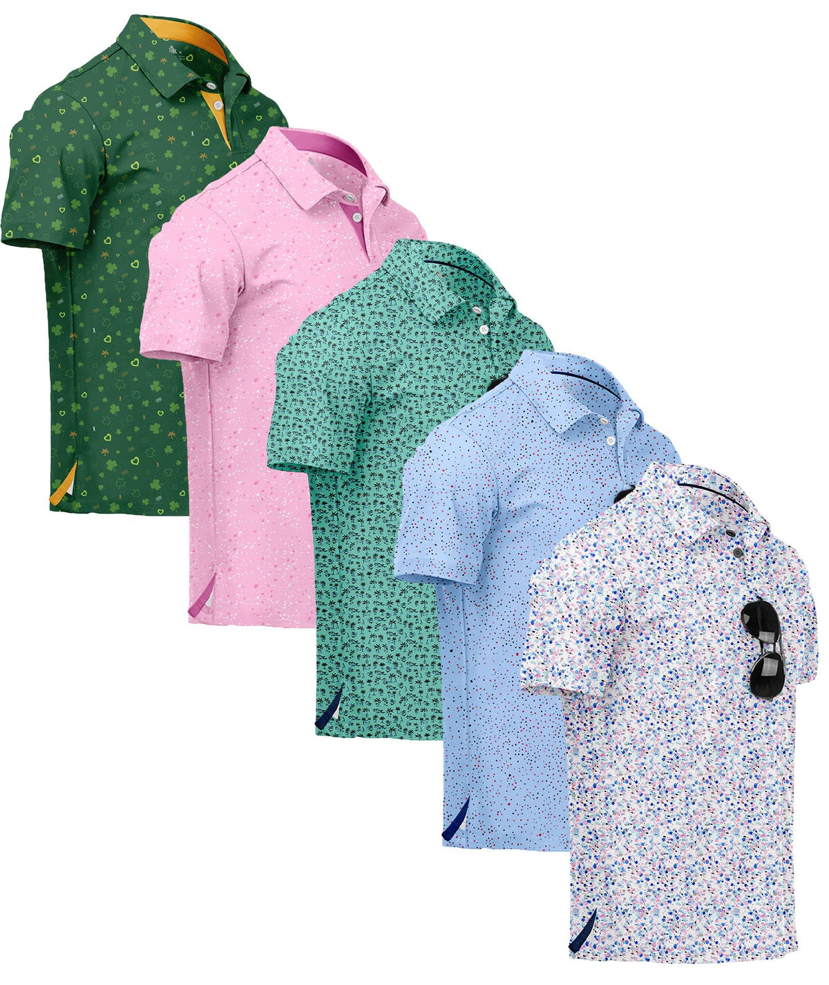 ZITY 5 Pack Mens Golf Shirt Short Sleeve UPF 50+ Print Patterns Casual Polo