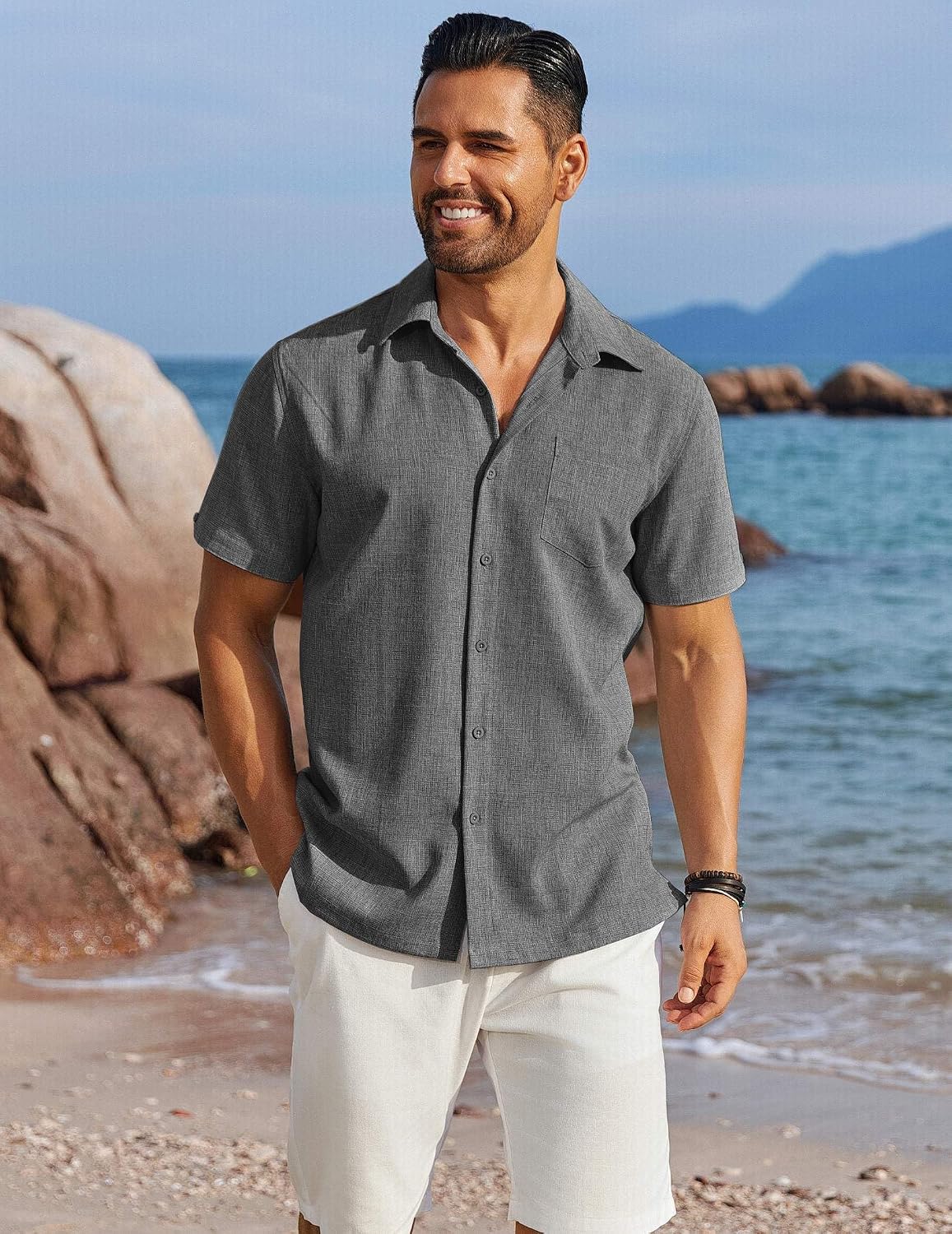 COOFANDY Men's Button Down Shirts Short Sleeve Casual Shirts Summer Beach Linen Shirts with Pocket