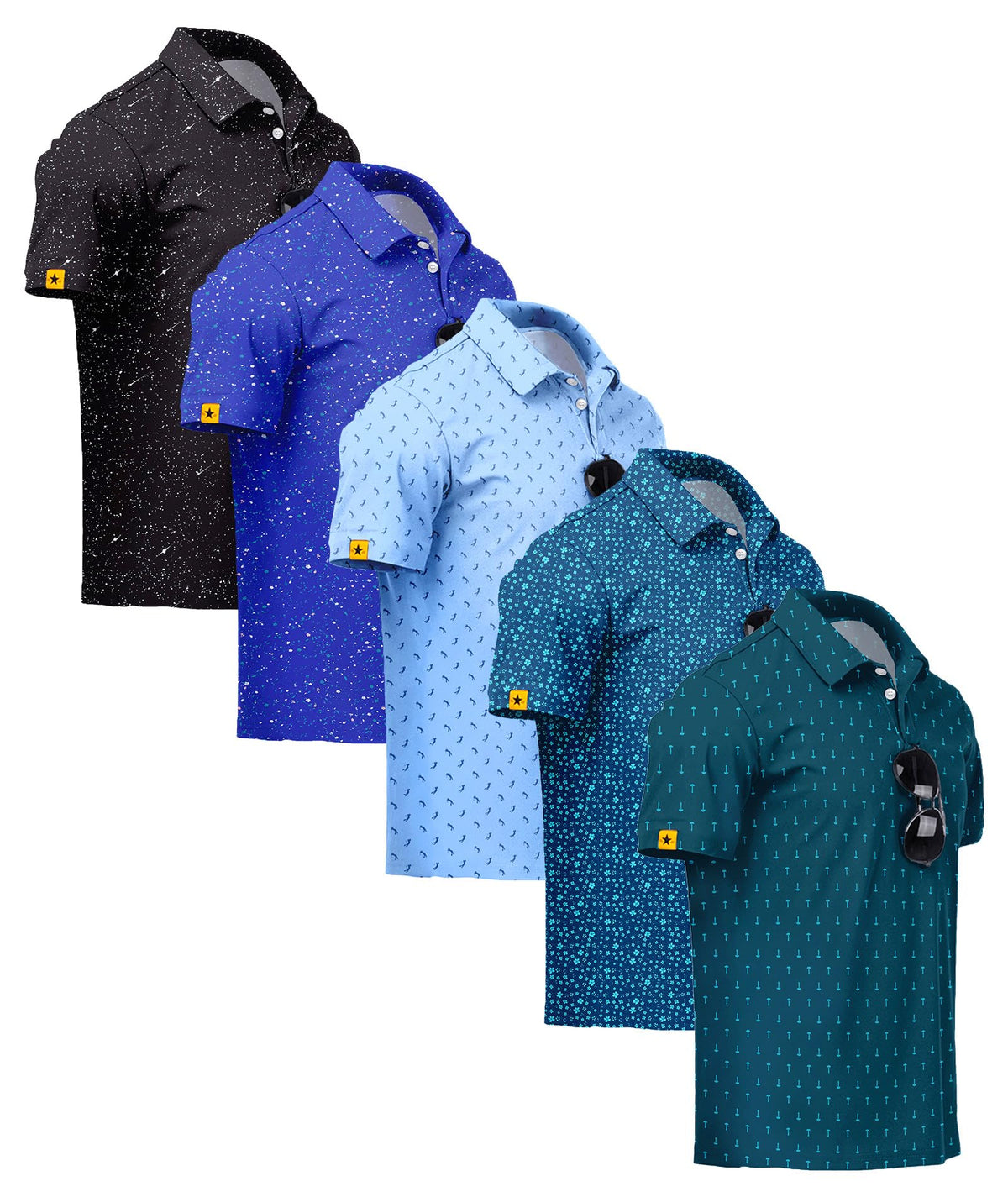 ZITY 5 Pack Mens Golf Shirt Short Sleeve UPF 50+ Print Patterns Casual Polo