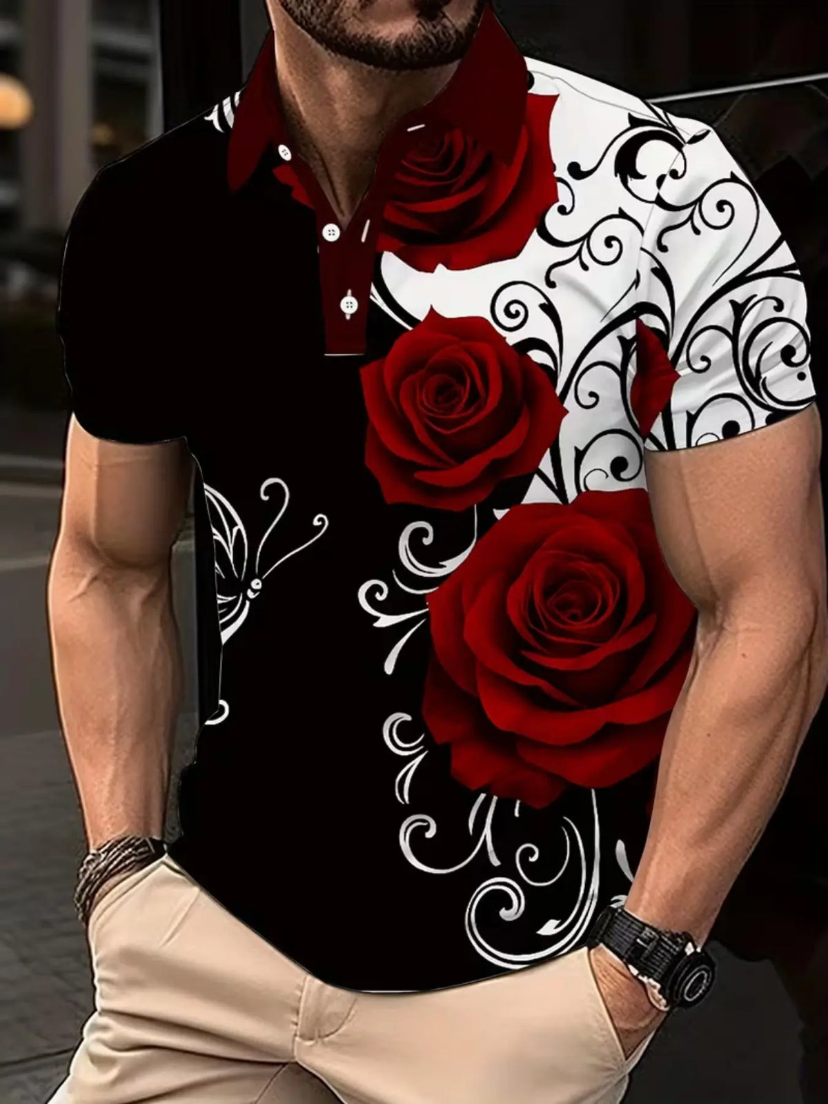 Men's Rose Print Floral Short Sleeve Buttoned Polo Shirt, Fitted Polo Shirts, Fashion Trendy Design, Casual Fitted Top, Graphic Pattern, Summer Wear, Summer Polos, Menswear