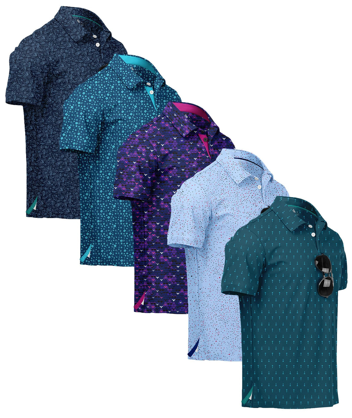 ZITY 5 Pack Mens Golf Shirt Short Sleeve UPF 50+ Print Patterns Casual Polo