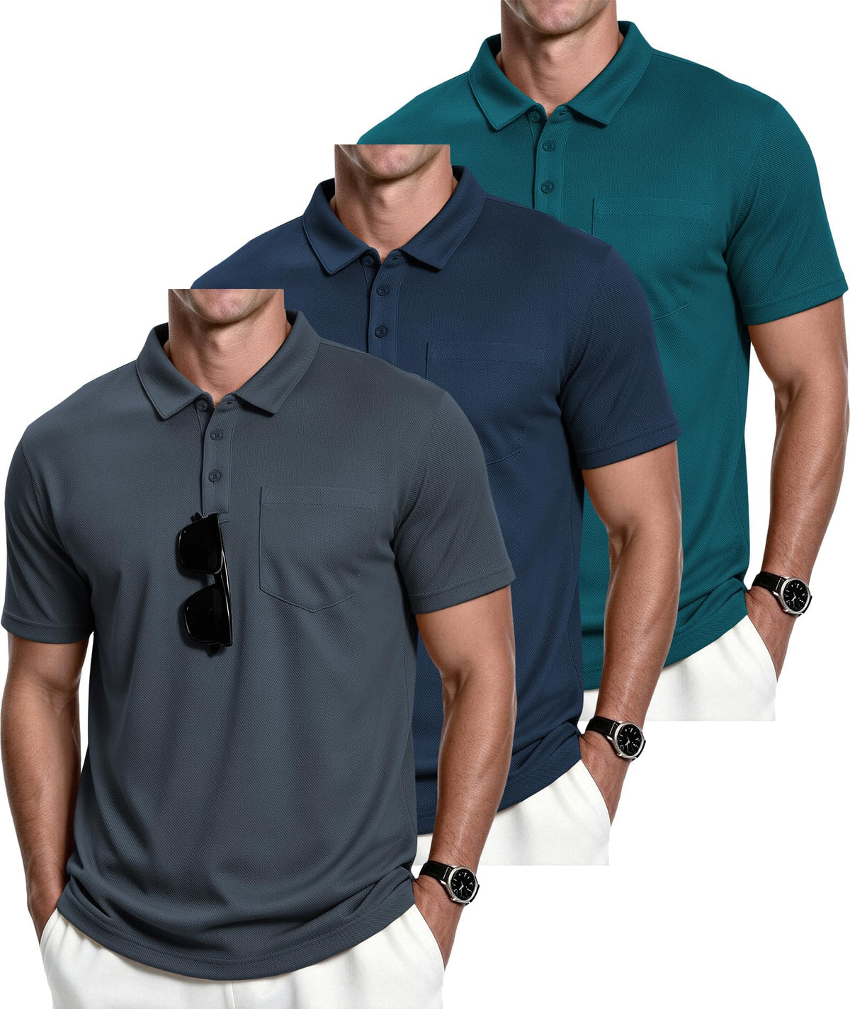 ZITY Men's 3 Pack Polo Shirts Short Sleeve with Pocket Moisture Wicking Casual Work Golf Lightweight Collared T-Shirts