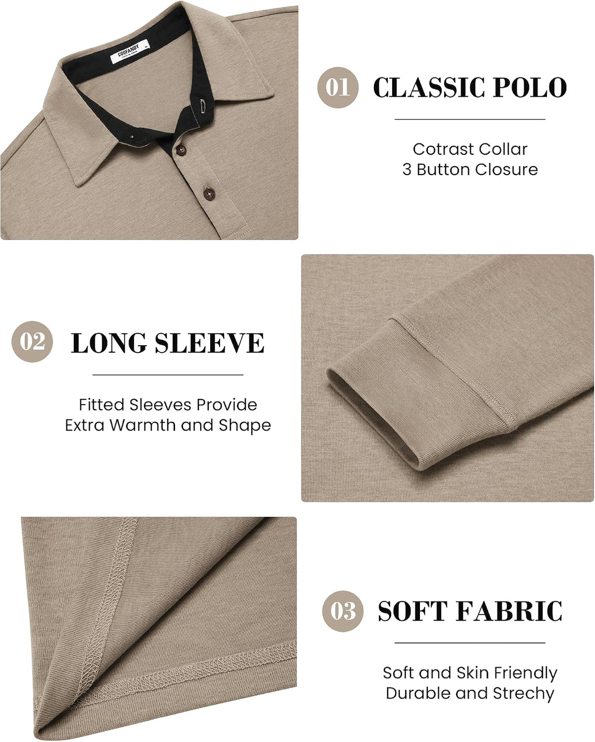COOFANDY Mens Long Sleeve Polo Shirts Classic Casual Button Polo Tee