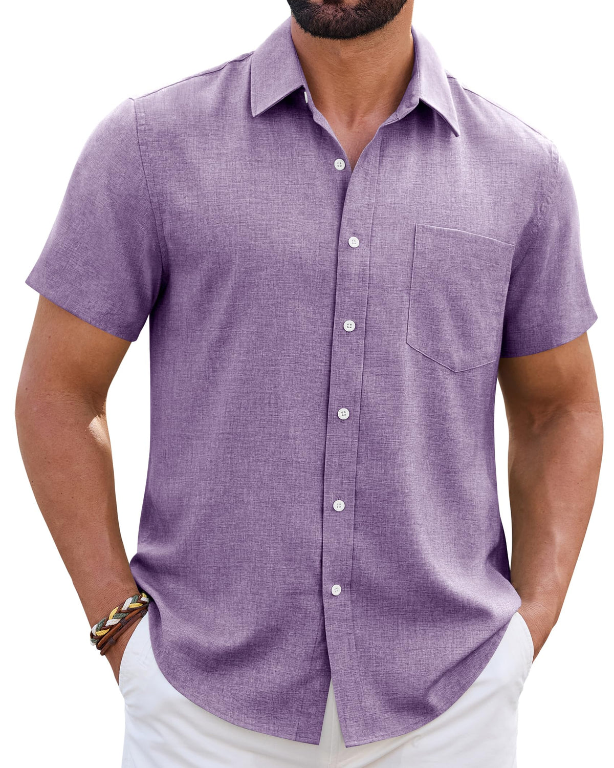 Mens Linen Shirt Short Sleeve Wrinkle Free Casual Untucked Button Down Shirts Beach Breathable Tops Summer
