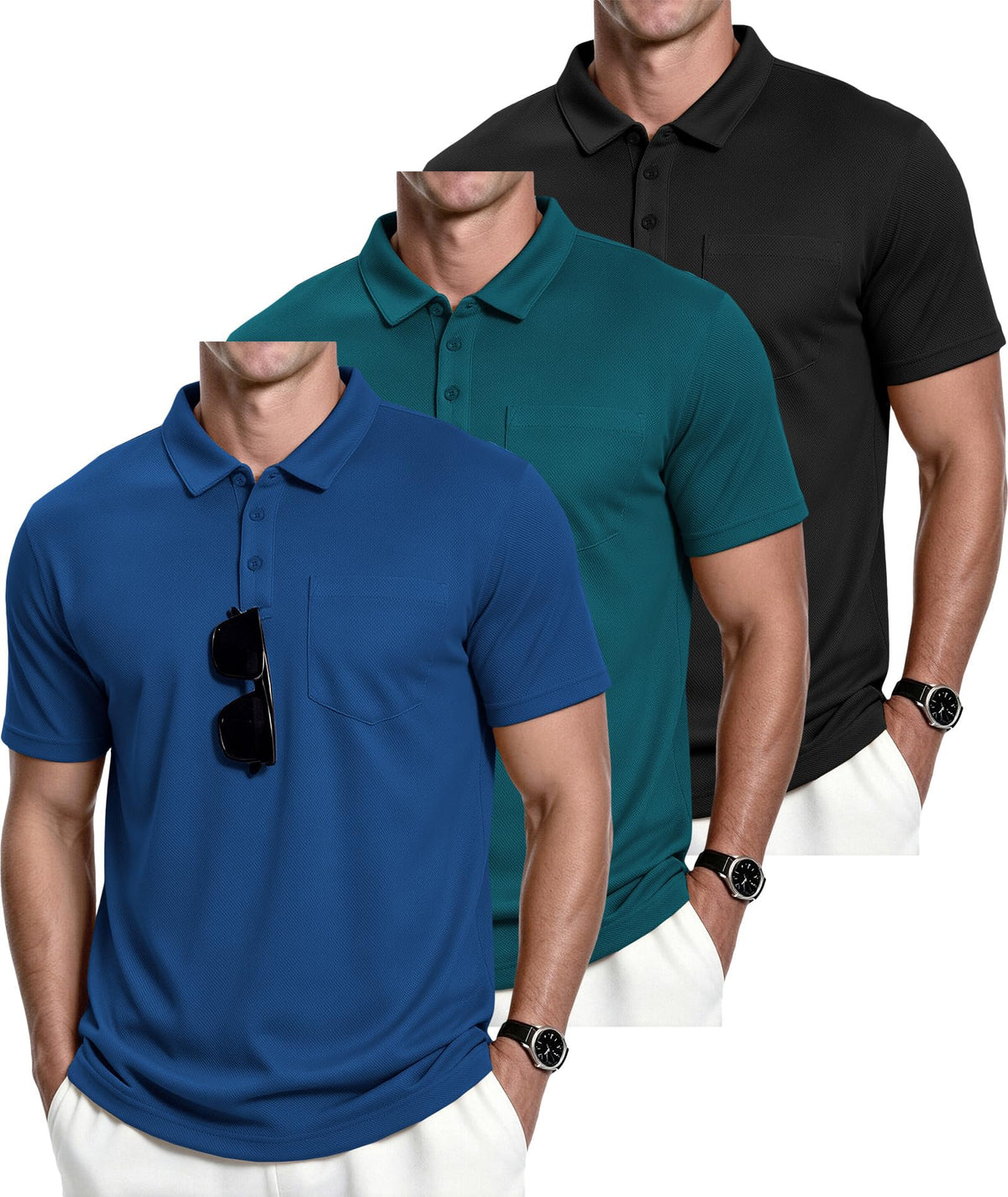 ZITY Men's 3 Pack Polo Shirts Short Sleeve with Pocket Moisture Wicking Casual Work Golf Lightweight Collared T-Shirts