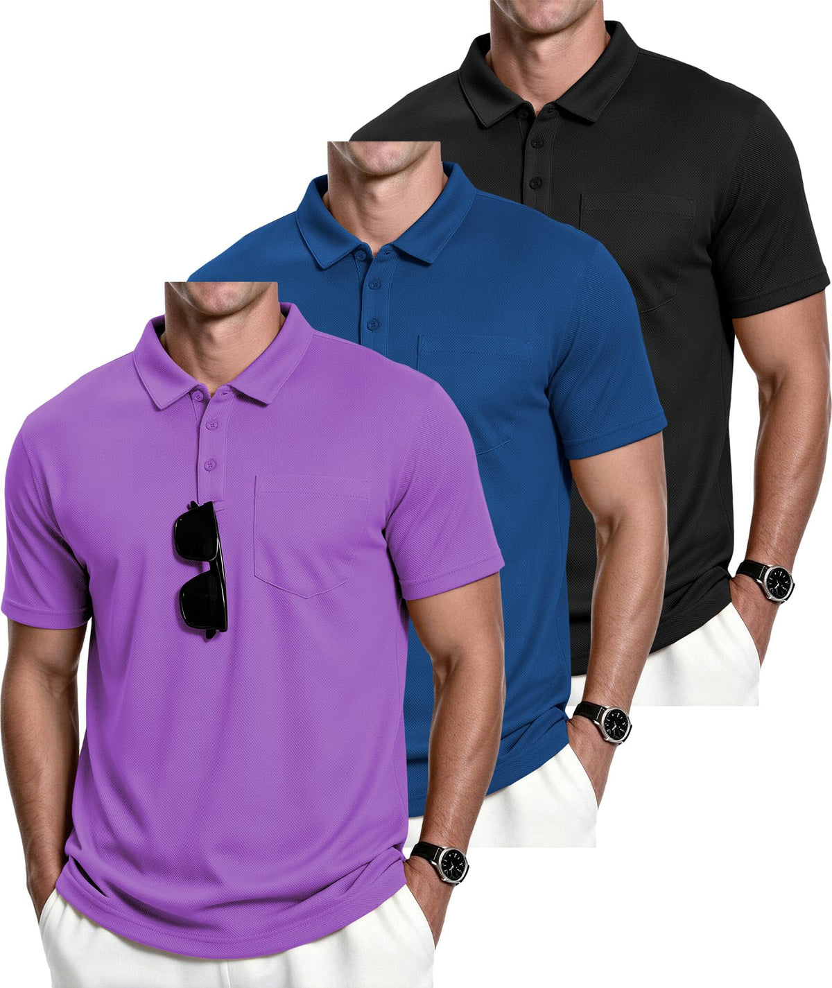 ZITY Men's 3 Pack Polo Shirts Short Sleeve with Pocket Moisture Wicking Casual Work Golf Lightweight Collared T-Shirts