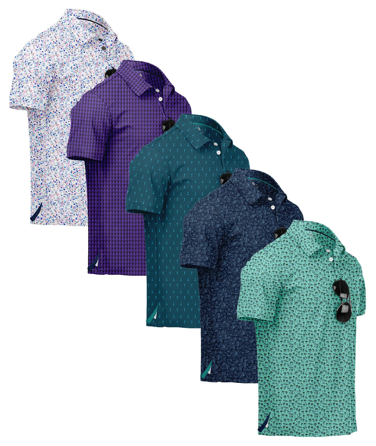 ZITY 5 Pack Mens Golf Shirt Short Sleeve UPF 50+ Print Patterns Casual Polo