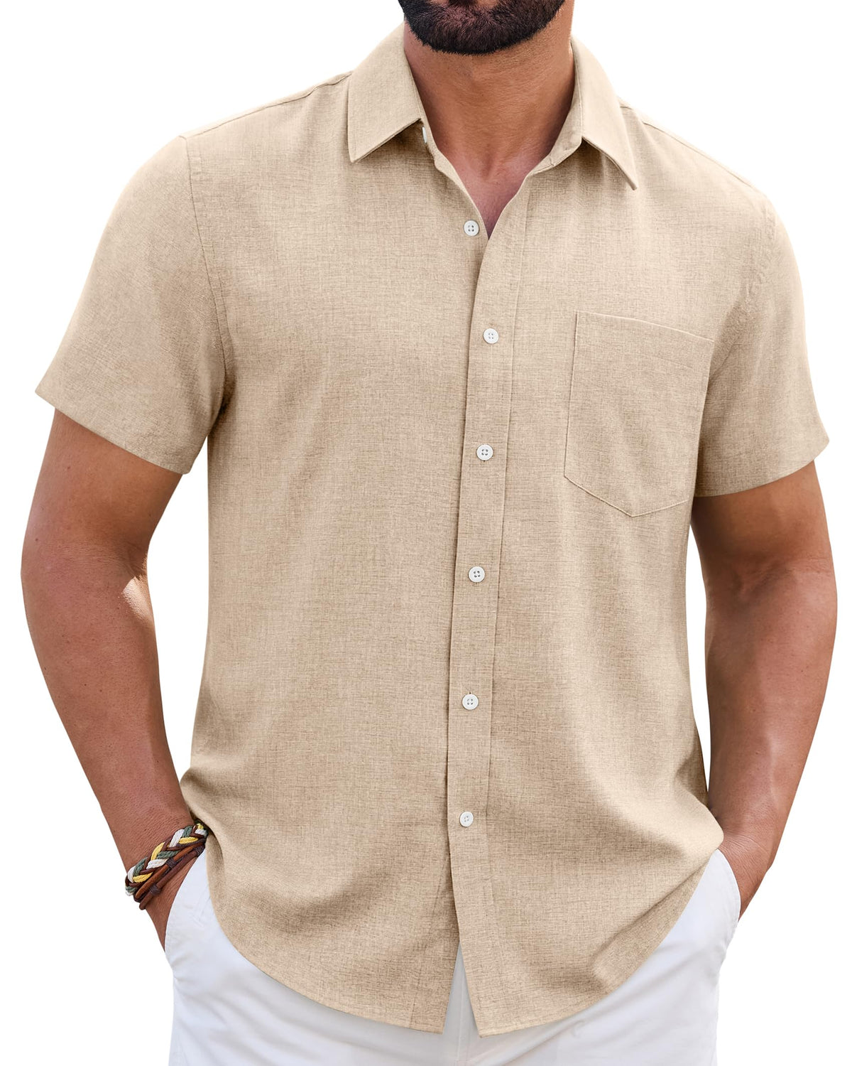 Mens Linen Shirt Short Sleeve Wrinkle Free Casual Untucked Button Down Shirts Beach Breathable Tops Summer
