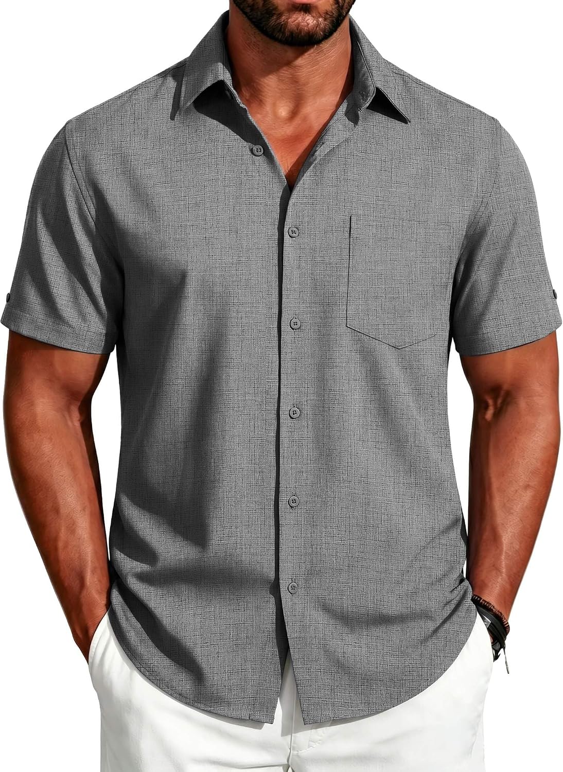 COOFANDY Men's Button Down Shirts Short Sleeve Casual Shirts Summer Beach Linen Shirts with Pocket