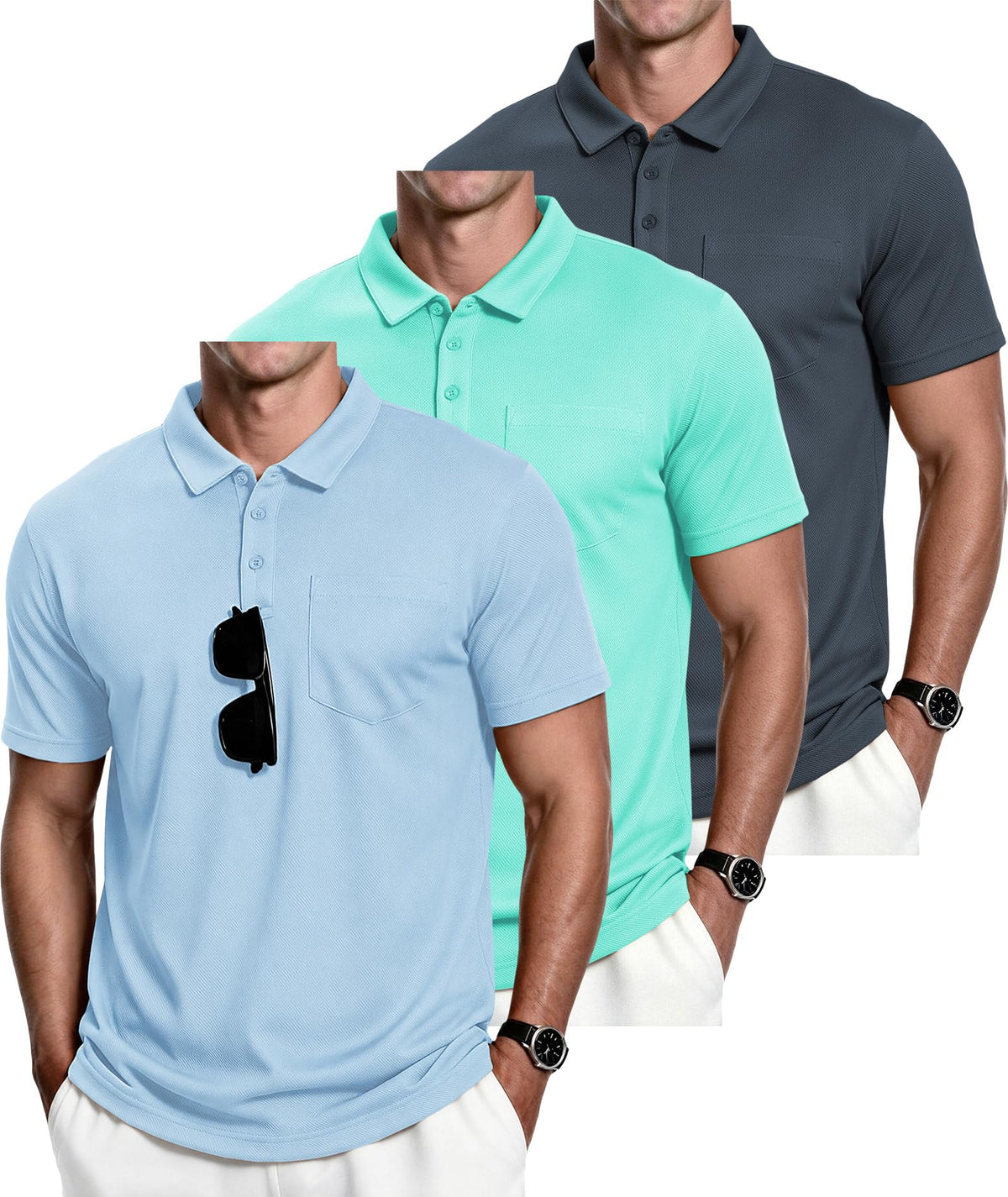 ZITY Men's 3 Pack Polo Shirts Short Sleeve with Pocket Moisture Wicking Casual Work Golf Lightweight Collared T-Shirts