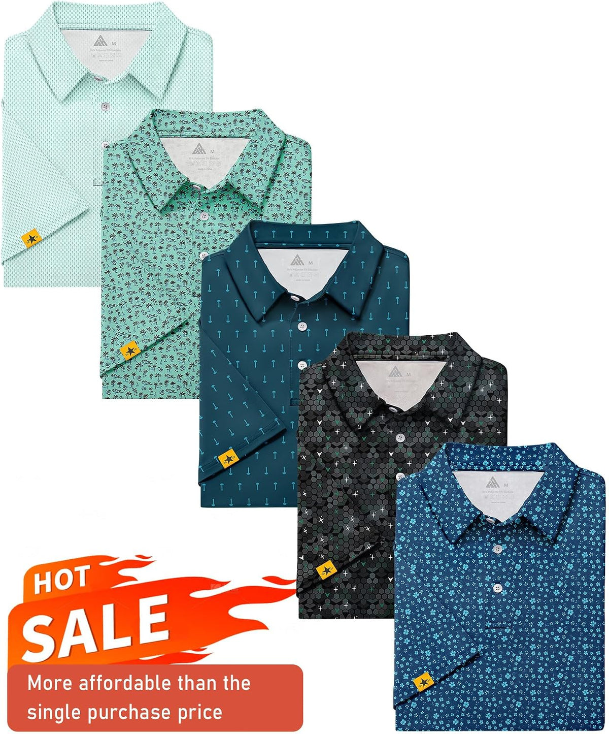 ZITY 5 Pack Mens Golf Shirt Short Sleeve UPF 50+ Print Patterns Casual Polo