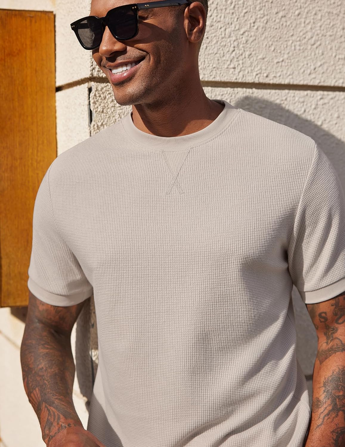 COOFANDY Men's Waffle T-Shirts Short Sleeve Casual Crew Neck Shirt Summer Plain Pullover Tees