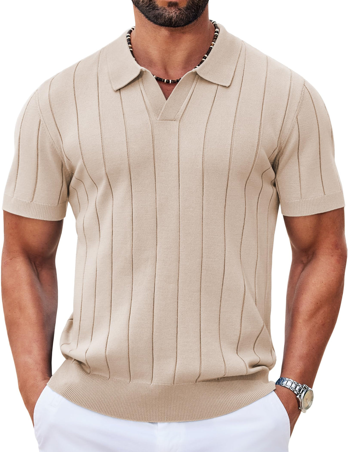 COOFANDY Mens Polo Shirts Short Sleeve V Neck Knit Shirts for Men Casual Old Money Clothes Mens Golf Shirt