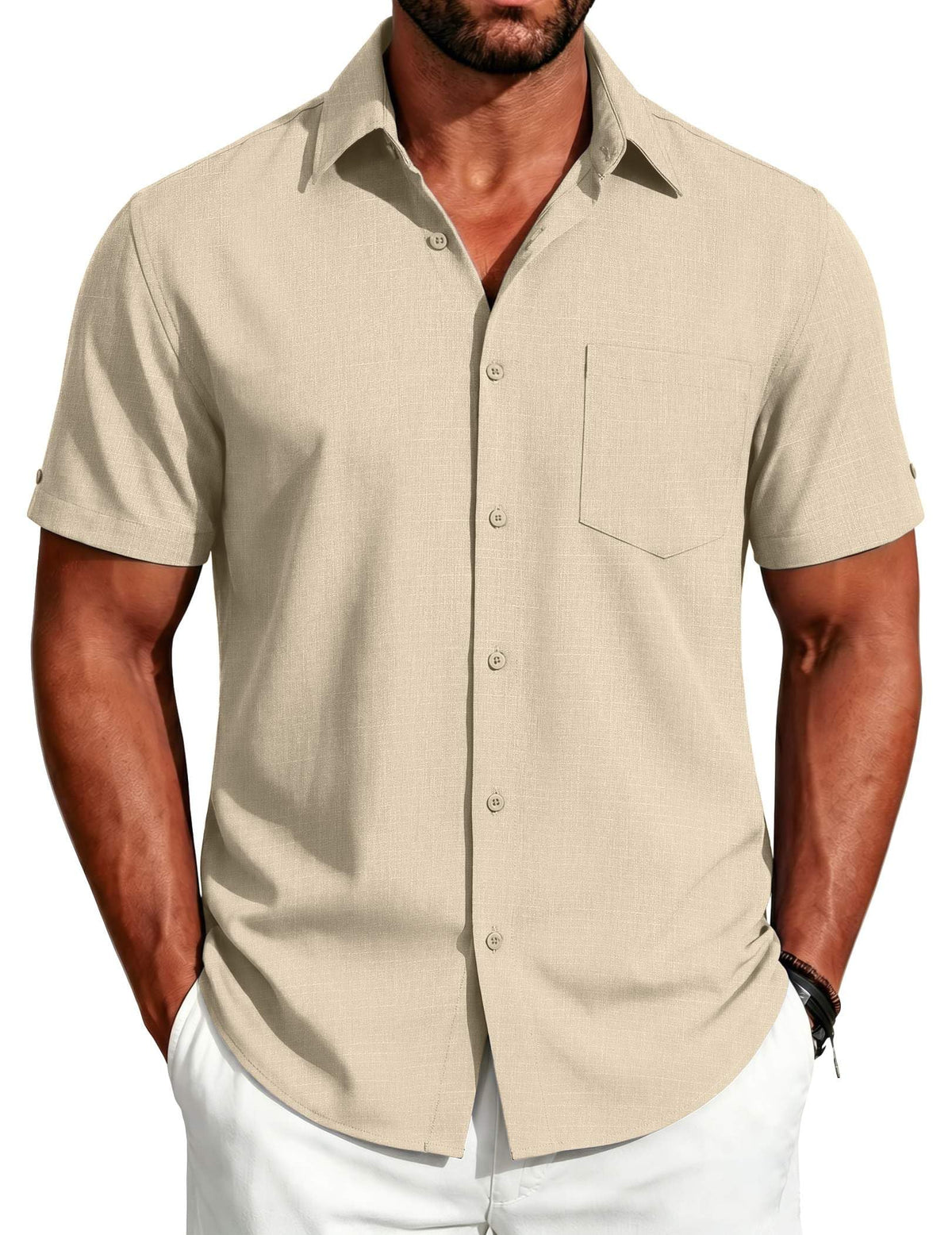 COOFANDY Men's Button Down Shirts Short Sleeve Casual Shirts Summer Beach Linen Shirts with Pocket