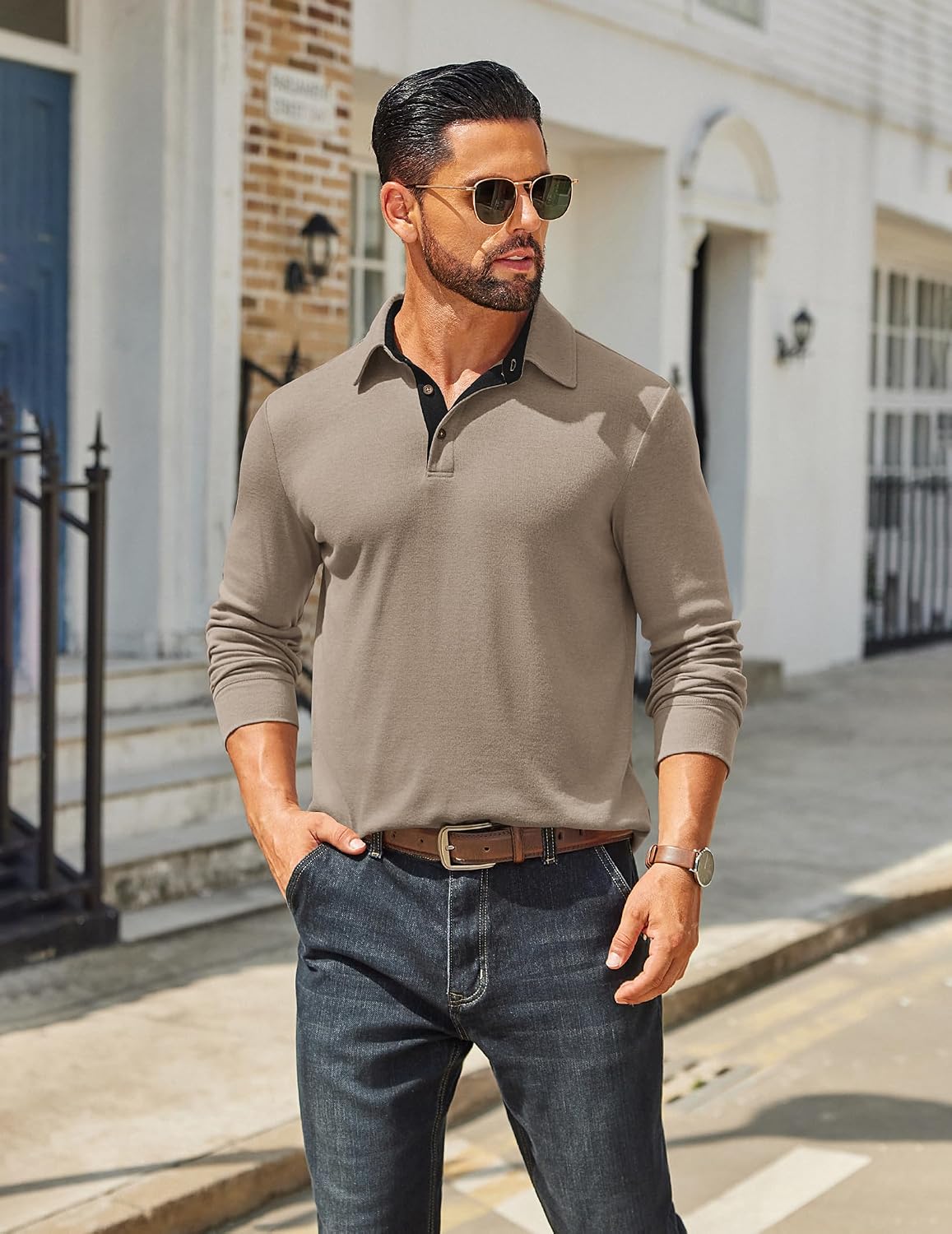 COOFANDY Mens Long Sleeve Polo Shirts Classic Casual Button Polo Tee