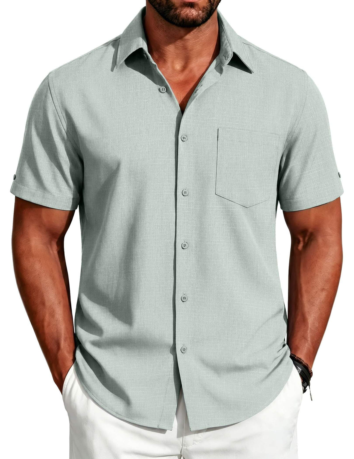 COOFANDY Men's Button Down Shirts Short Sleeve Casual Shirts Summer Beach Linen Shirts with Pocket