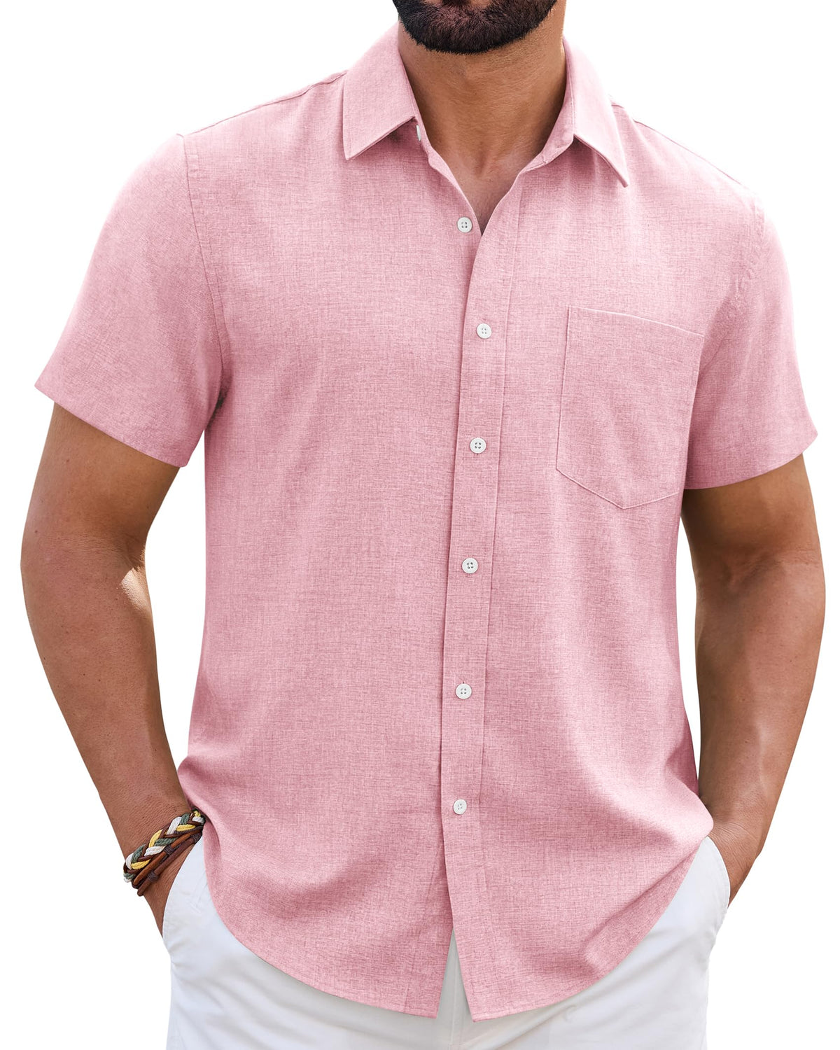Mens Linen Shirt Short Sleeve Wrinkle Free Casual Untucked Button Down Shirts Beach Breathable Tops Summer