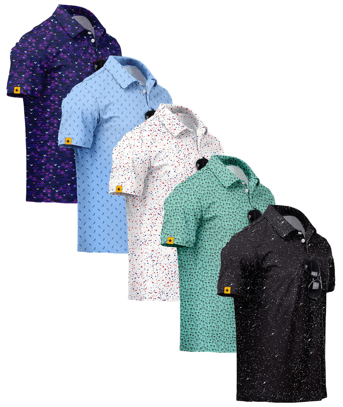 ZITY 5 Pack Mens Golf Shirt Short Sleeve UPF 50+ Print Patterns Casual Polo