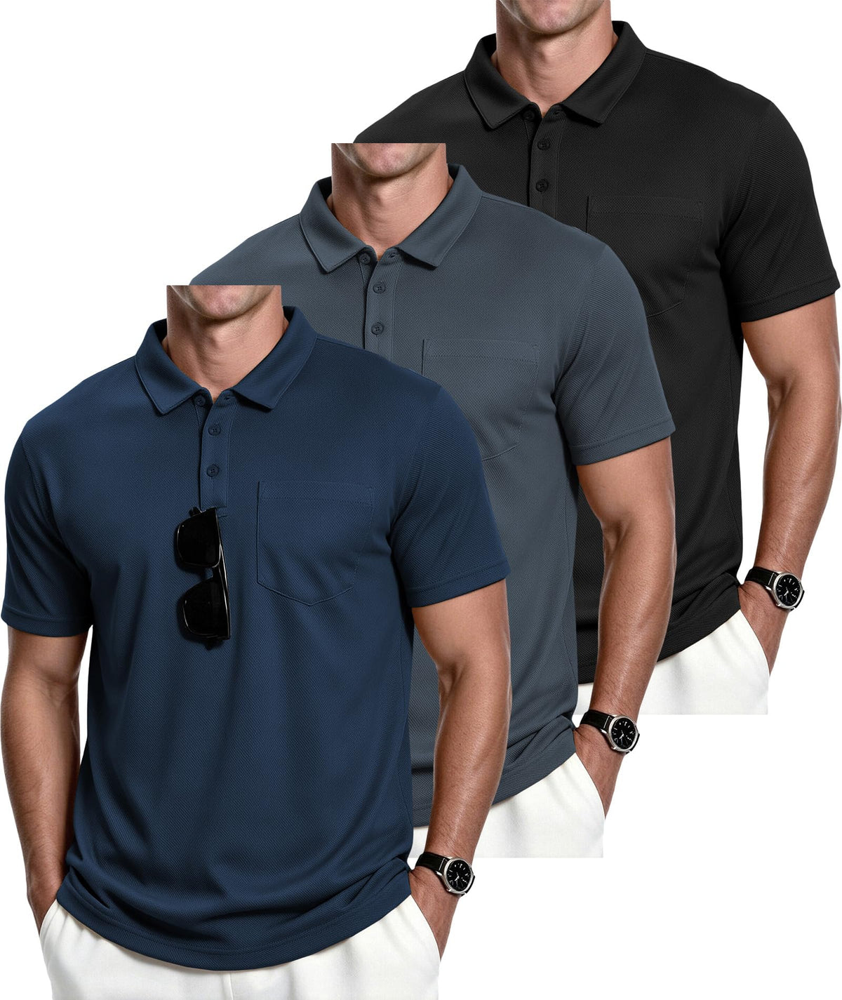 ZITY Men's 3 Pack Polo Shirts Short Sleeve with Pocket Moisture Wicking Casual Work Golf Lightweight Collared T-Shirts
