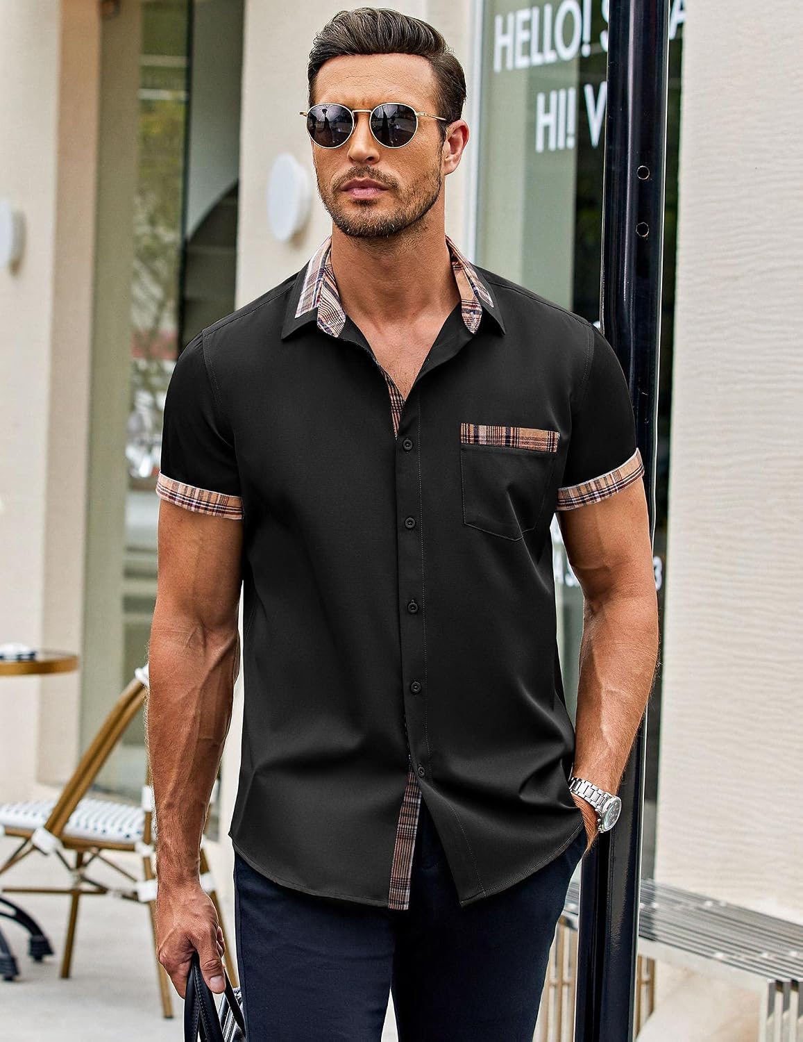 COOFANDY Mens Short Sleeve Button Down Shirts Casual Wrinkle Free Dress Shirt Plaid Collar Summer Shirts