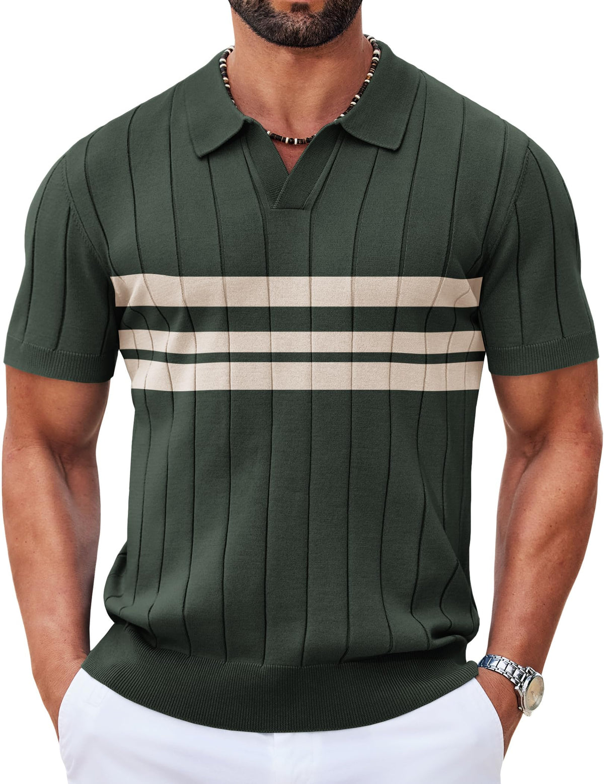 COOFANDY Mens Polo Shirts Short Sleeve V Neck Knit Shirts for Men Casual Old Money Clothes Mens Golf Shirt