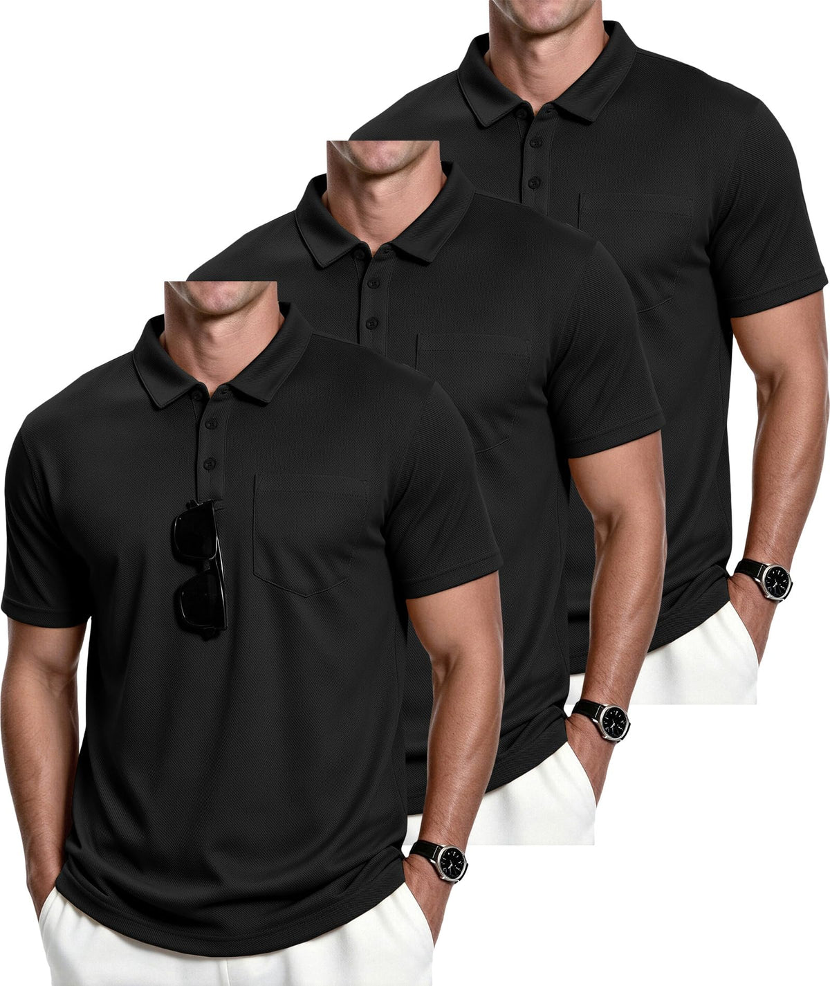 ZITY Men's 3 Pack Polo Shirts Short Sleeve with Pocket Moisture Wicking Casual Work Golf Lightweight Collared T-Shirts