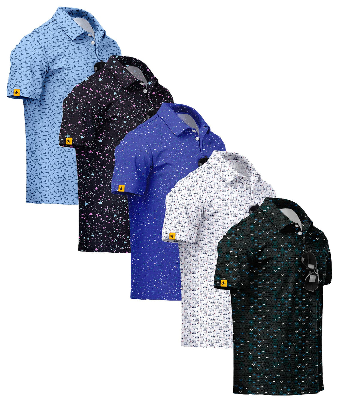 ZITY 5 Pack Mens Golf Shirt Short Sleeve UPF 50+ Print Patterns Casual Polo