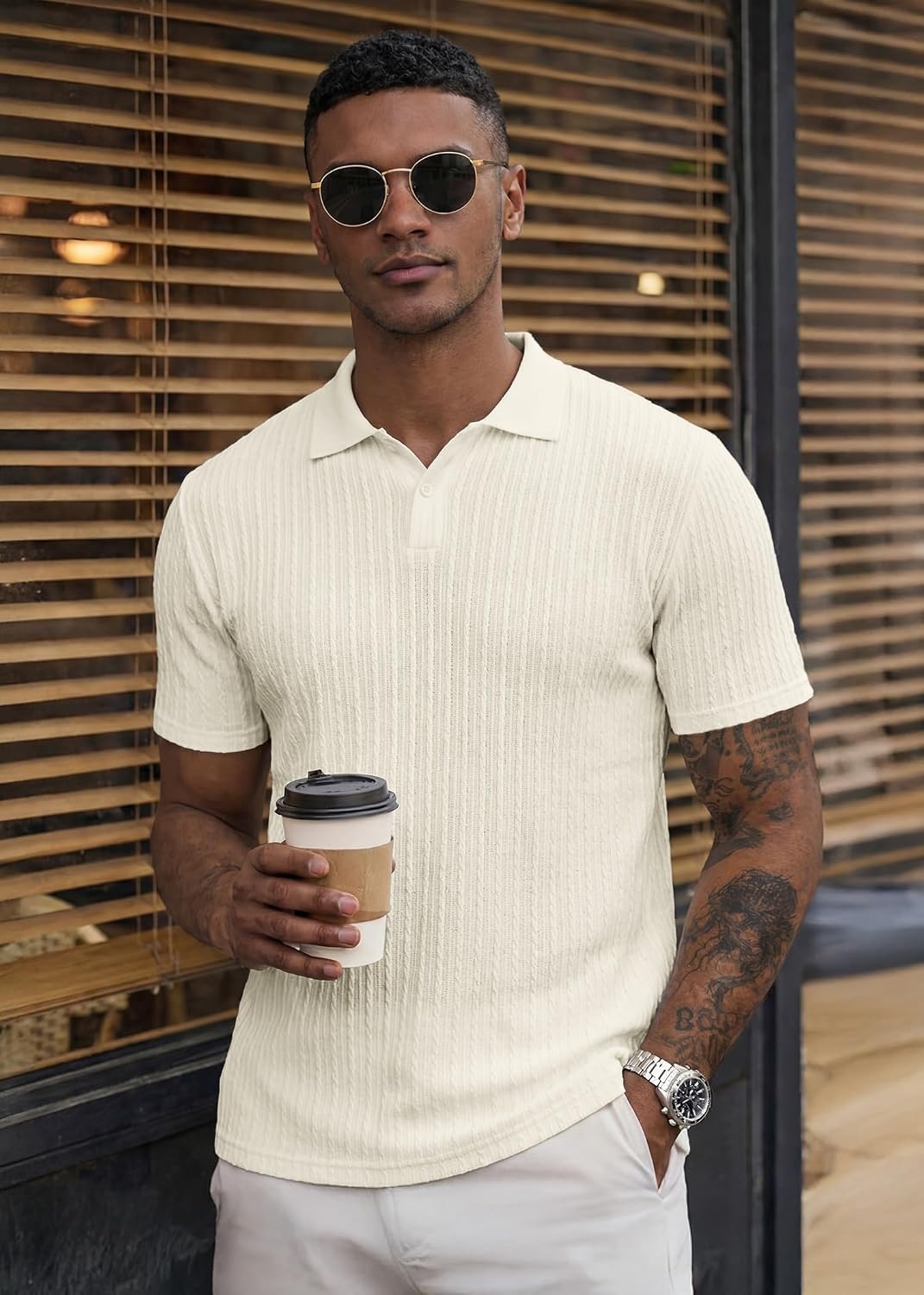 JMIERR Men's Textured Polo Shirt Short Sleeve