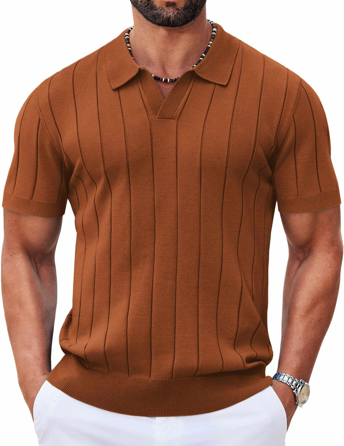 COOFANDY Mens Polo Shirts Short Sleeve V Neck Knit Shirts for Men Casual Old Money Clothes Mens Golf Shirt
