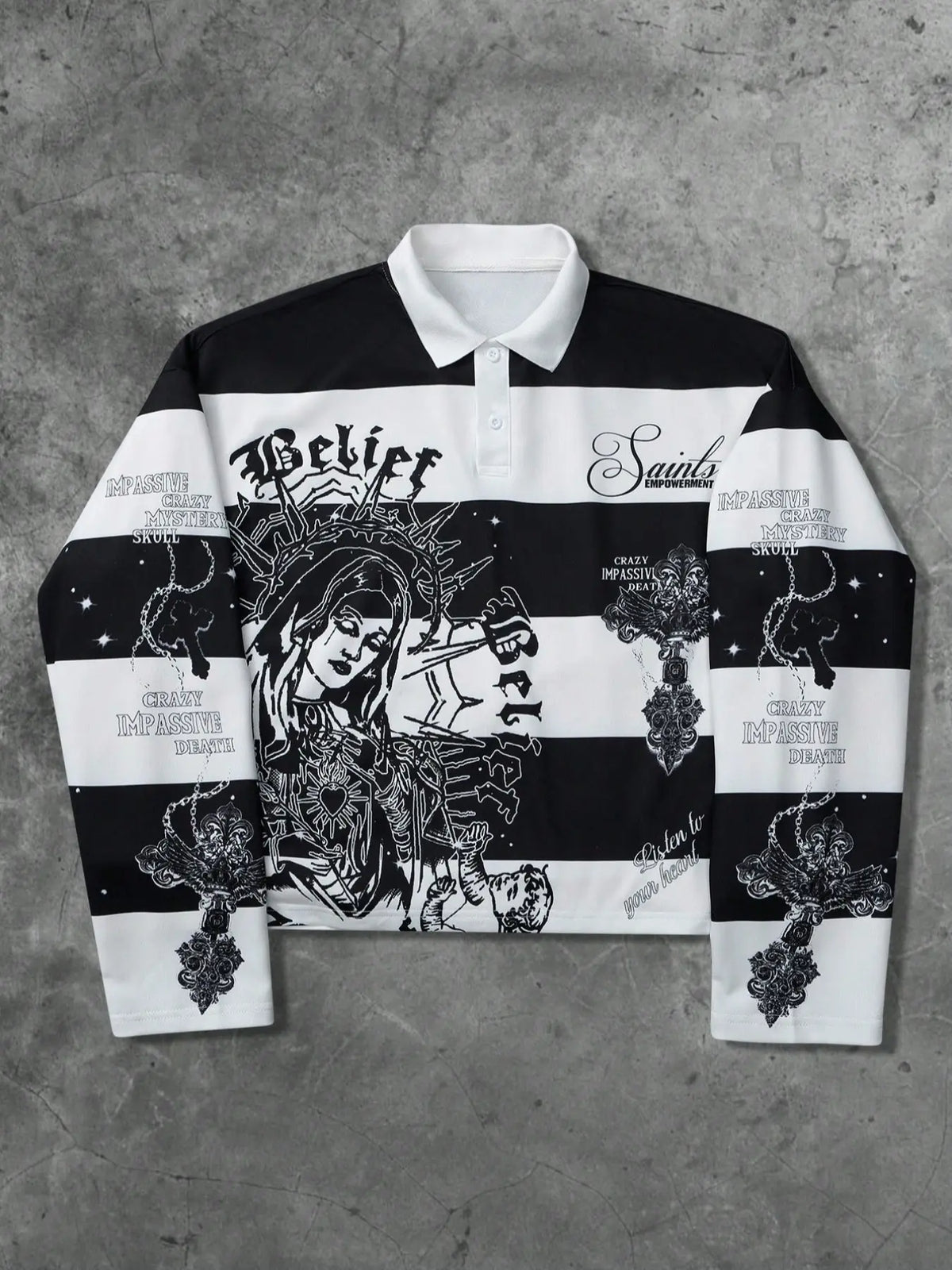 Men's Gothic Striped Fitted Collared Polo Shirt, & Stripes, Belief Saints Ethnic Cultural Graphic Prints, Long Sleeve, Streetwear Casual Style, Menswear, Fall Winter, Shirts Men
